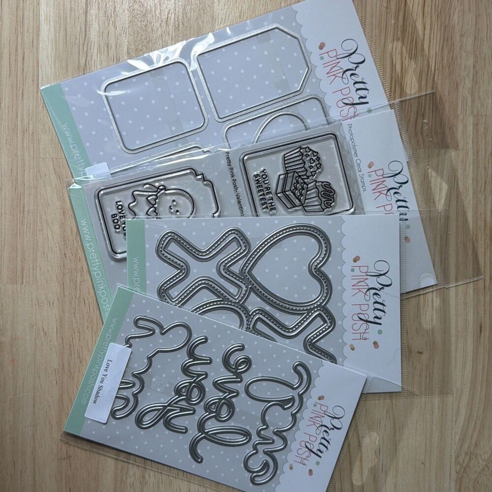 Pretty Pink Posh Valentine tags Stamp and Die Lot word shaker Love you shadow
